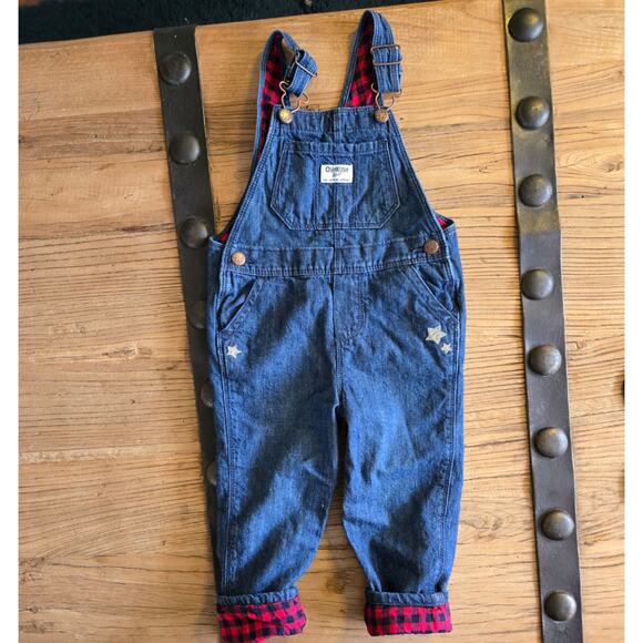 OshKosh Dark Denim Overalls with Buggslo Plaid lining.  sz 3T - Picture 1 of 5